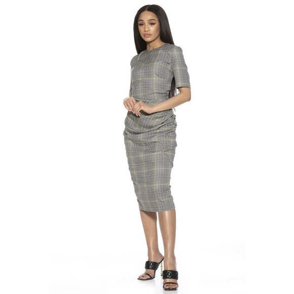 New Alexia Admor Olive Plaid Dress Micro Houndstooth Midi Gray Black Sz 8 - Picture 2 of 12